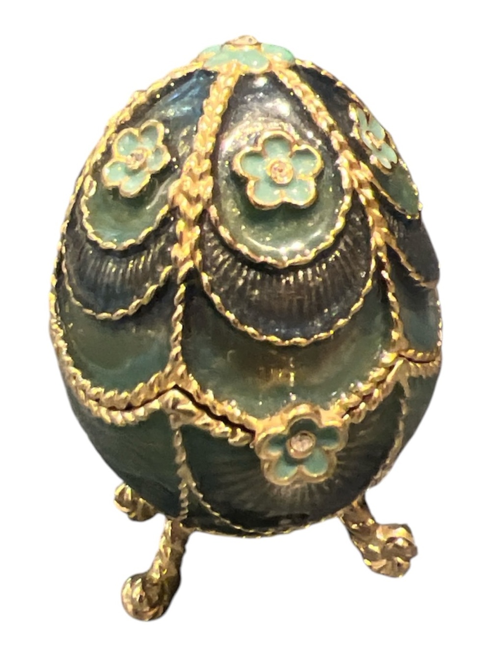 Green Enamel Decorative Egg Trinket Box with Gold Accents